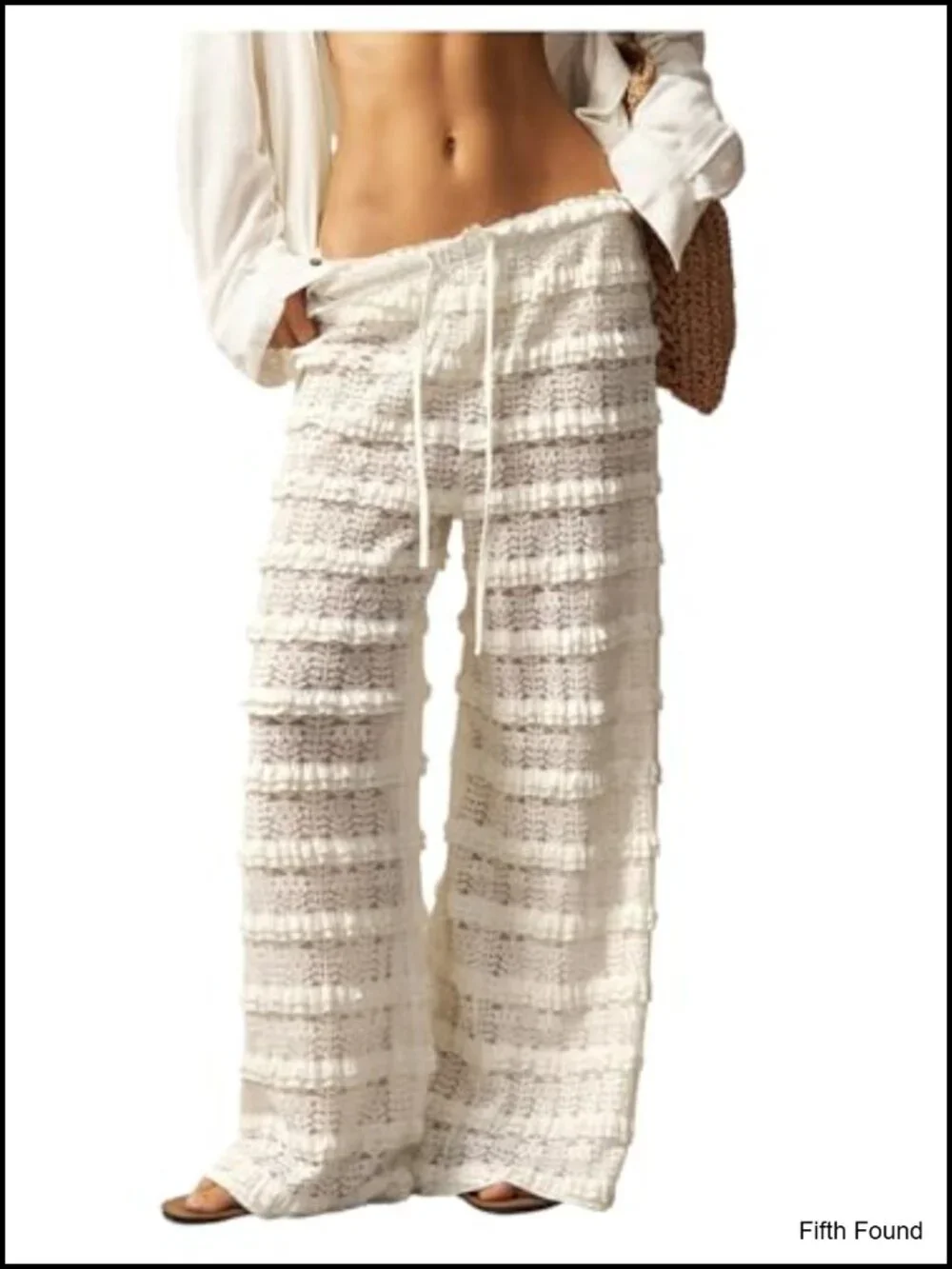 Crochet Lace Mesh Pants Ruffle Layered Elastic Waist Bathing Suit Cover Up